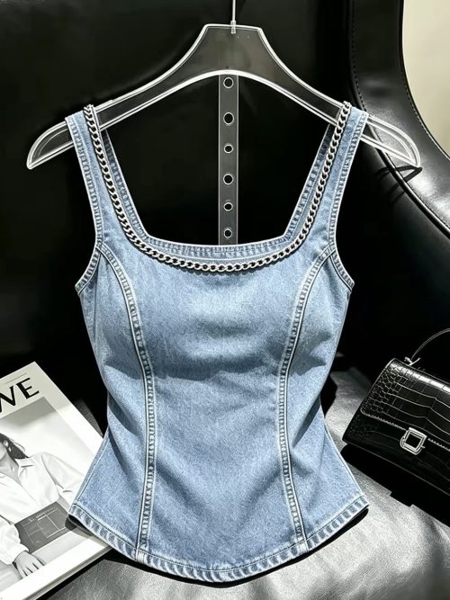 U領鏈條腰身牛仔背心